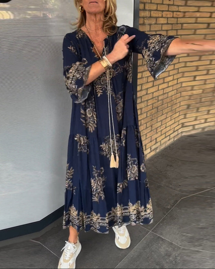 TOVE – WOMEN'S NAVY BLUE PRINTED V-NECK LONG SWING DRESS