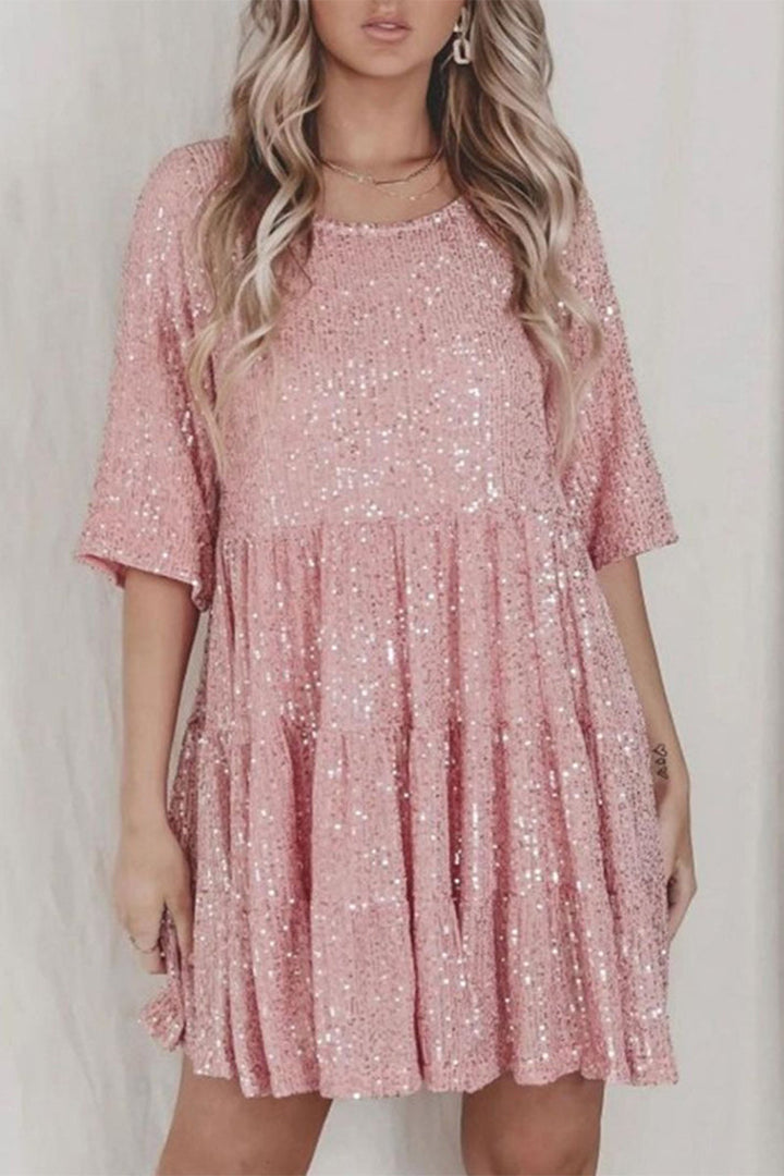 ELSINYA – CASUAL SOLID SEQUIN A-LINE DRESS