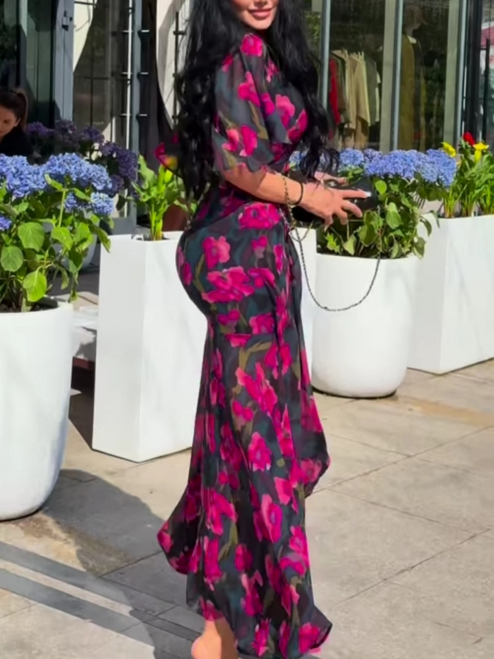 GALILEA – CHIC V-NECK DRESS WITH ARTISTIC PRINTS