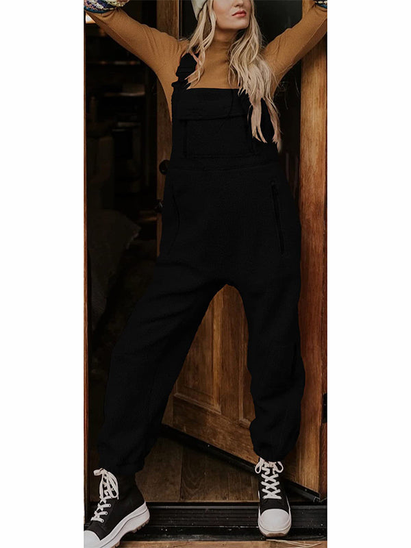 Fleece Thermal Overalls with Zipper Pockets for Women