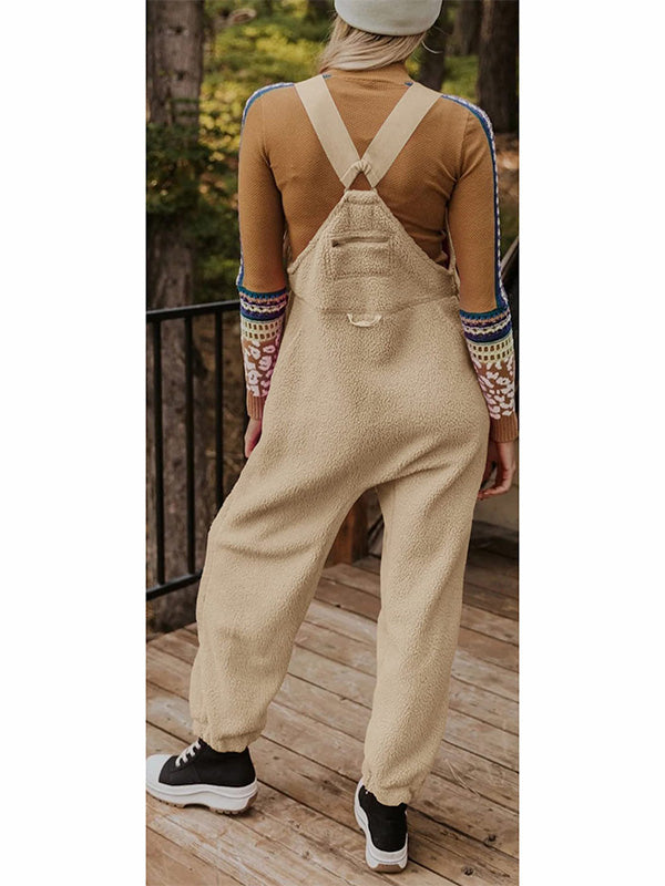 Fleece Thermal Overalls with Zipper Pockets for Women