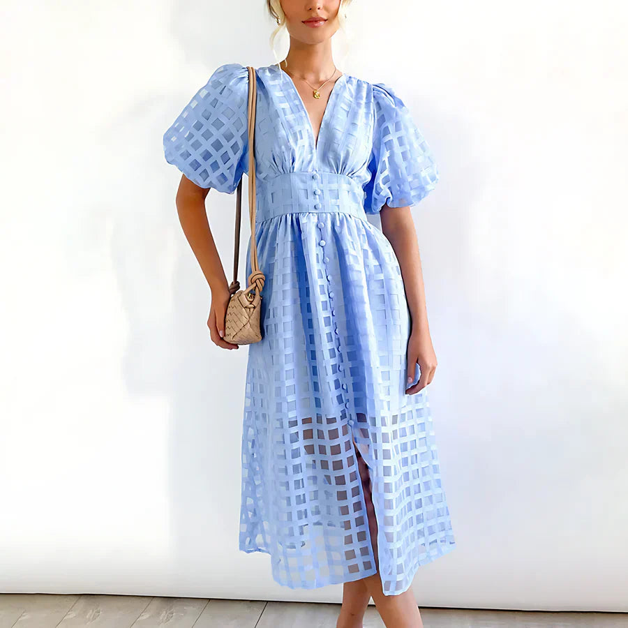 Caelis - Classic Patterned Puff Sleeve Midi Dress