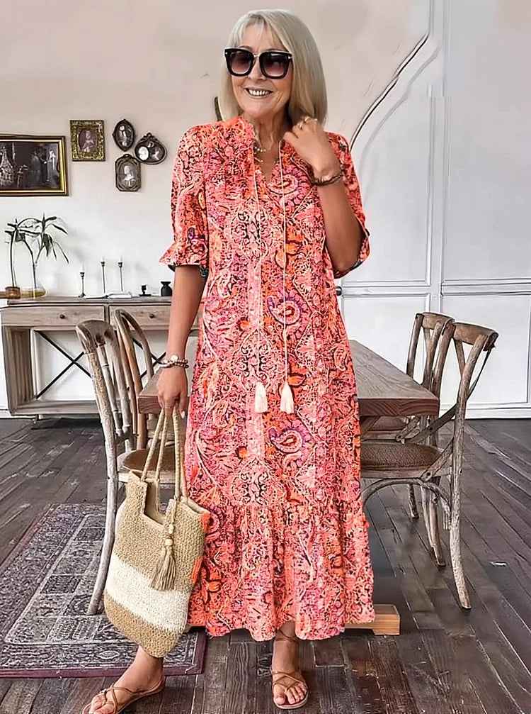 LUNESTRA – BOHO DRAWSTRING NECK MAXI DRESS