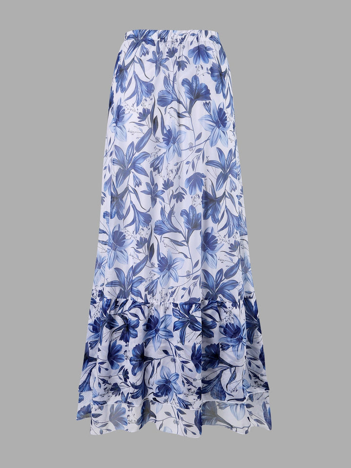 EMBERLY – BLUE AND WHITE PORCELAIN SWIMSUIT WRAP SKIRT SUIT