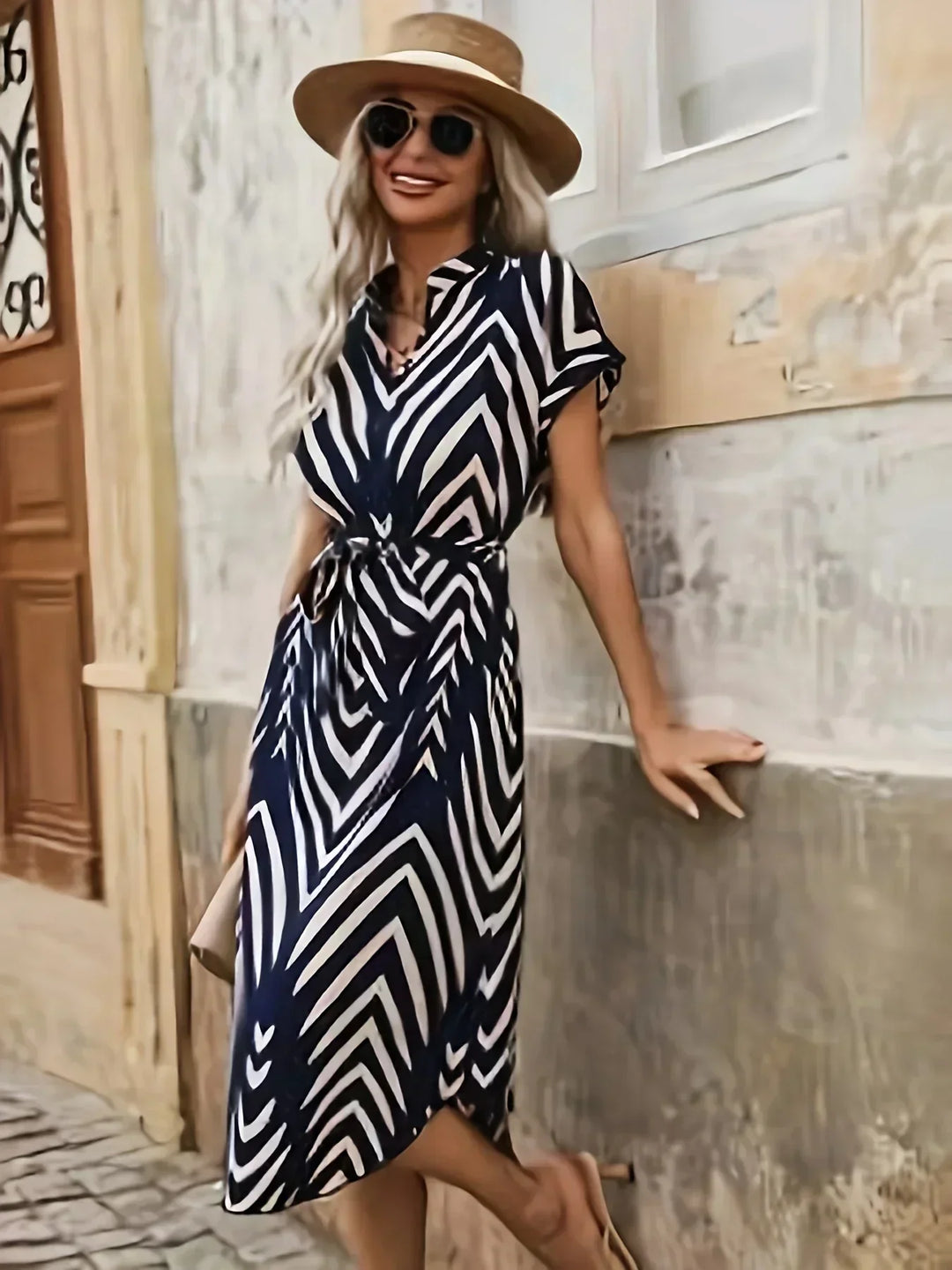 DELYRA – GEOMETRIC PATTERN DRESS WITH WAIST KNOT
