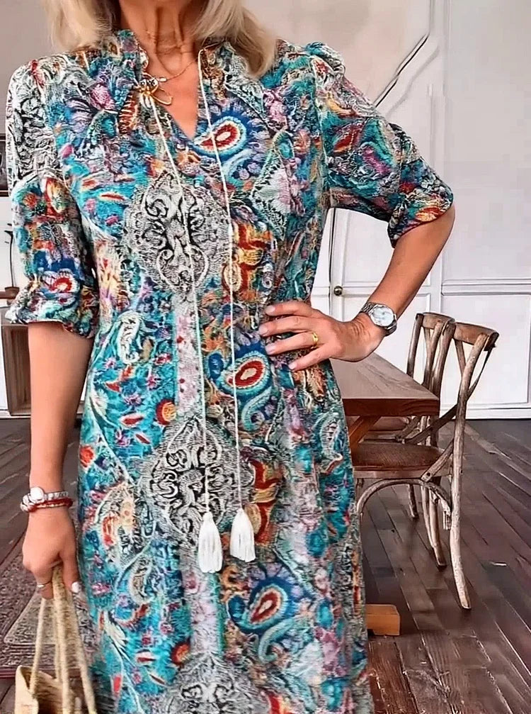 LUNESTRA – BOHO DRAWSTRING NECK MAXI DRESS