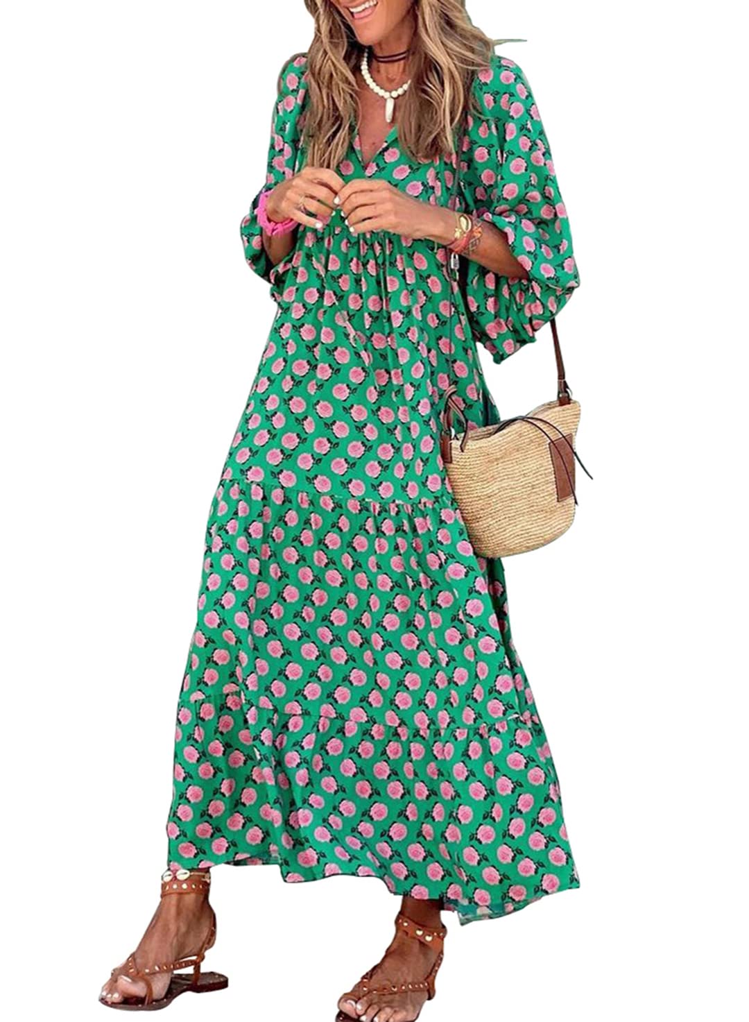 WINONA – WOMEN'S PUFF SLEEVE GEOMETRIC BOHEMIAN MAXI DRESS